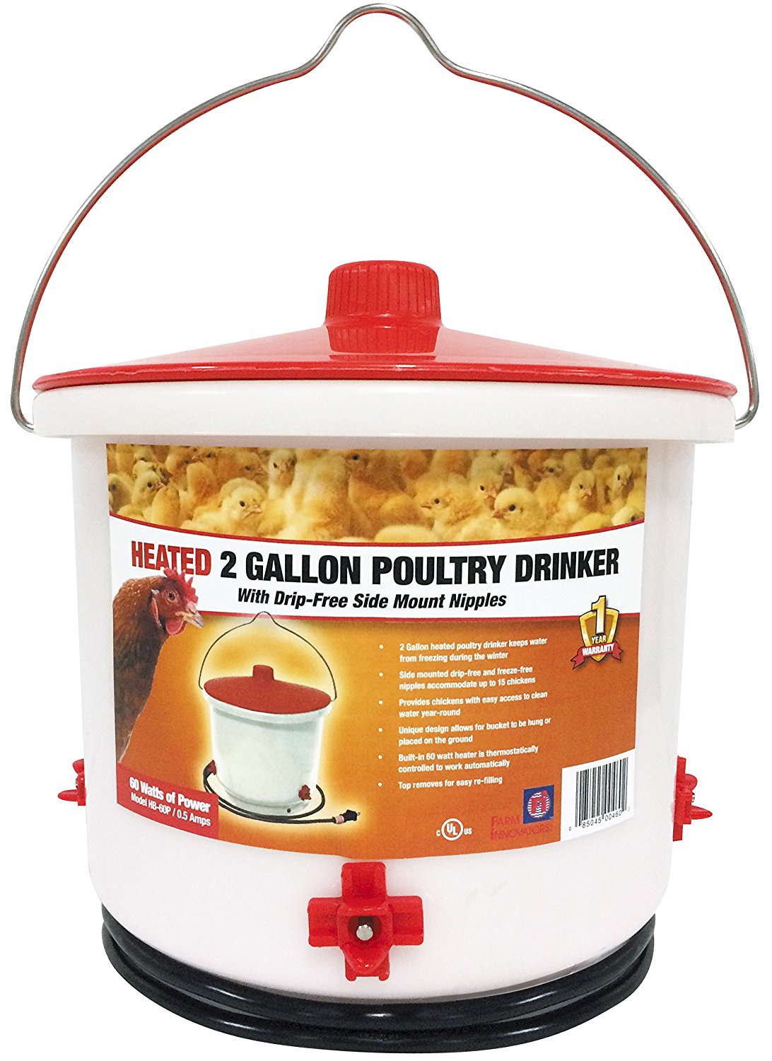 HEATED POULTRY DRINKER 2 GAL W/DRIP FREE SIDE MOUNT NIPPLES